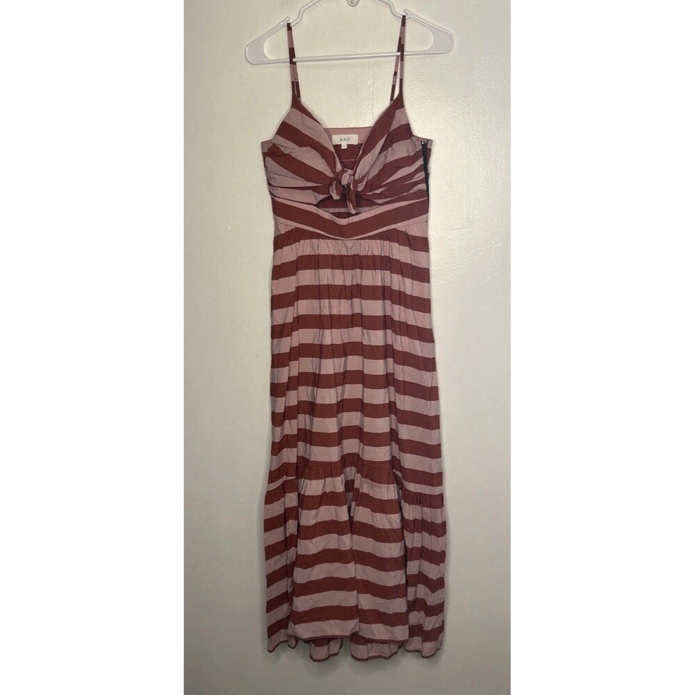 ALC Laurel Sun Dress Rust Stripe Size 6 Garden Party Wedding Guest Sundress Midi - Picture 2 of 6